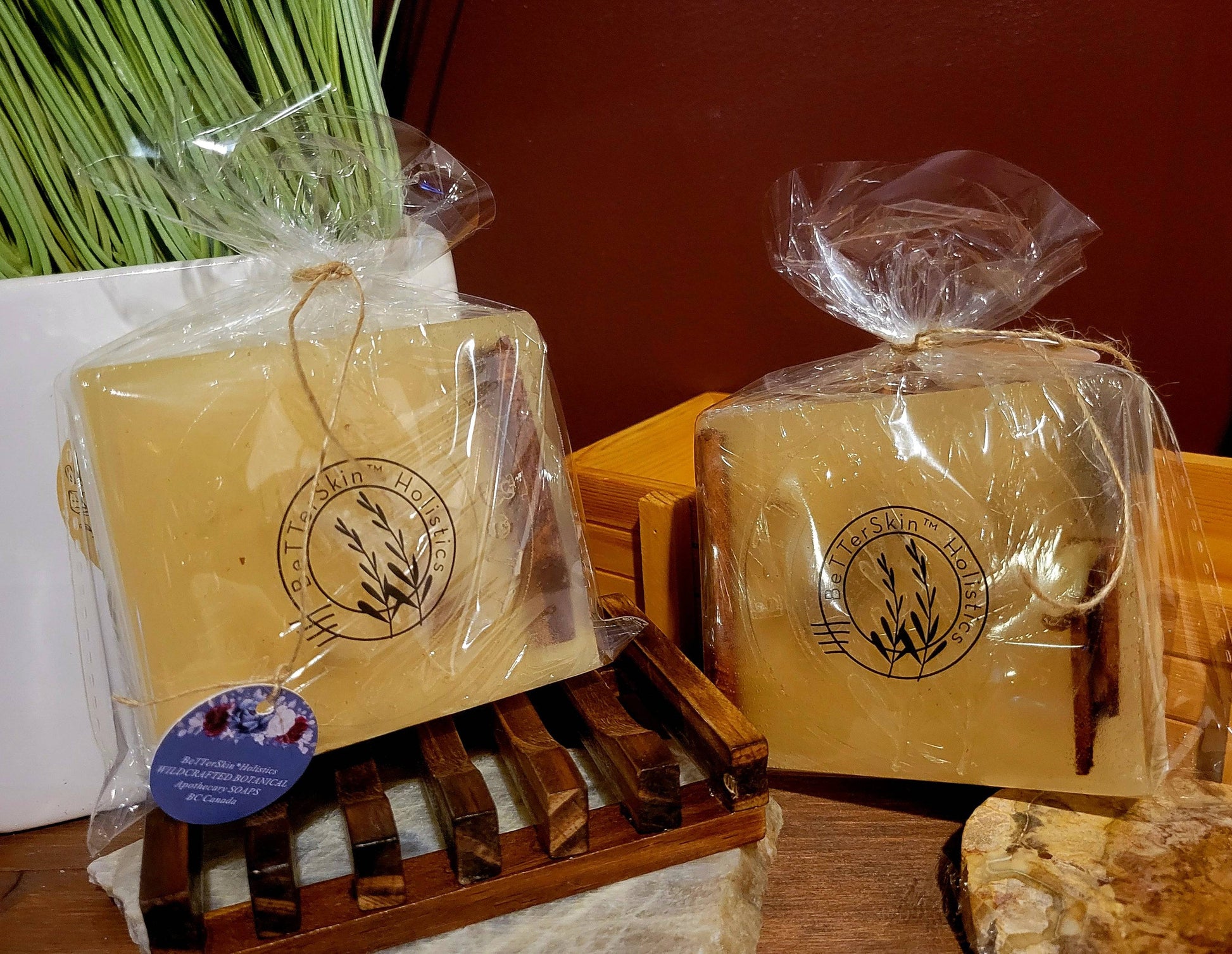 2pc-Individually Giftwrapped  Handmade Wildcrafted Cinnamon Stick & Almond Slice-Cocoa Butter Infused Soaps -BetterSkin Holistics with 1 wooden soap rack  