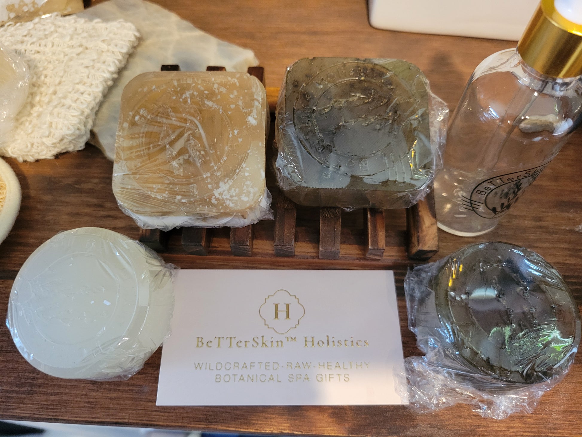 BeTTerSkin Holistics-Mini 2.5oz   Starter soap set Wildcrafted, raw infused , Botanical, Rosemary soap, least Indian Sandalwood & Sage soap, Chamomile & Raw Honey Soap, w business card in middle 