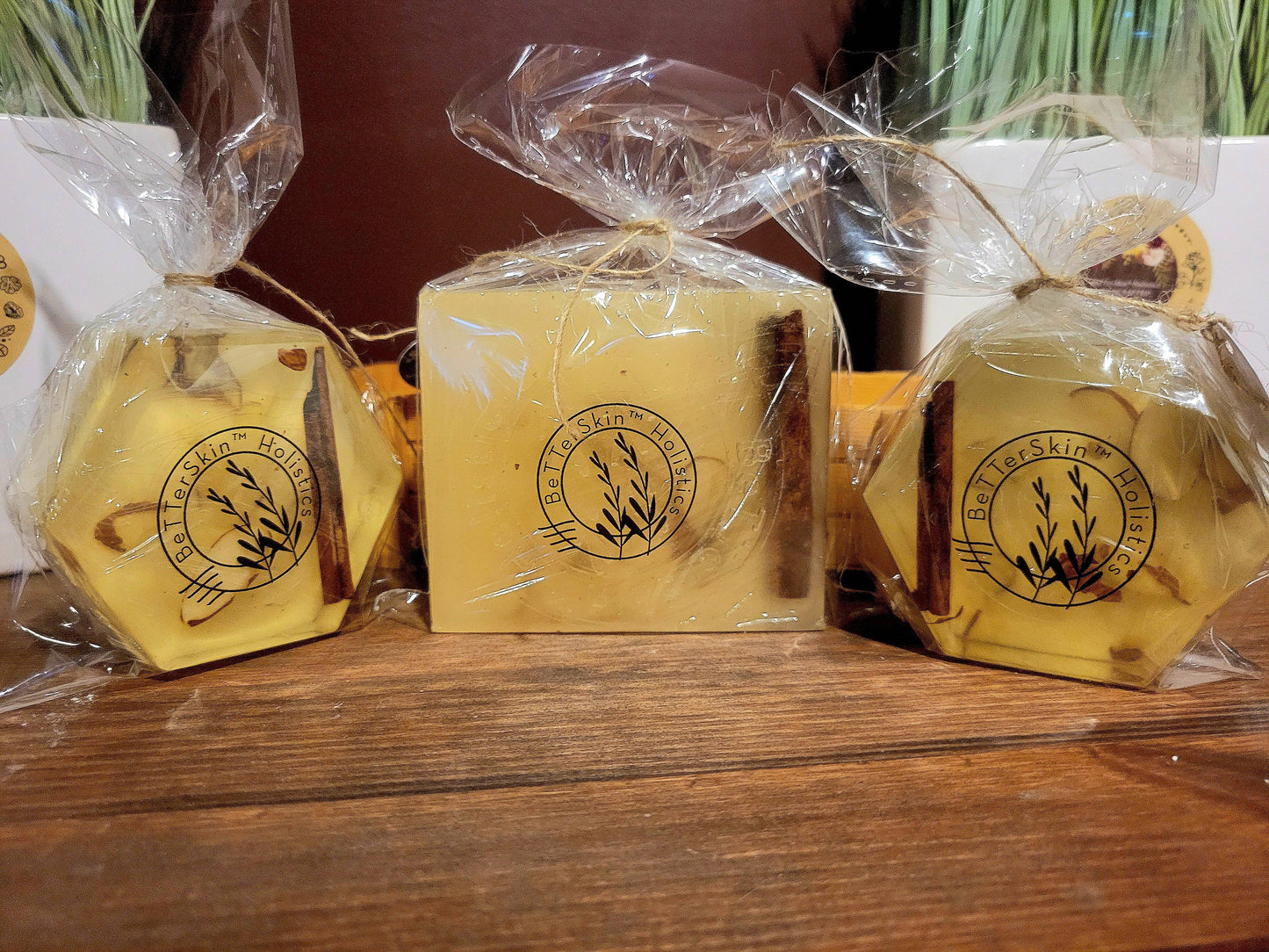 3pc Spa Basket-Individually Giftwrapped  Handmade Wildcrafted Cinnamon Stick & Almond Slice-Cocoa Butter Infused Soaps -BetterSkin Holistics with wooden soap rack  