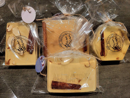 3pc-Individually Giftwrapped  Handmade Wildcrafted Cinnamon Stick & Almond Slice-Cocoa Butter Infused Soaps -BetterSkin Holistics with wooden soap rack  