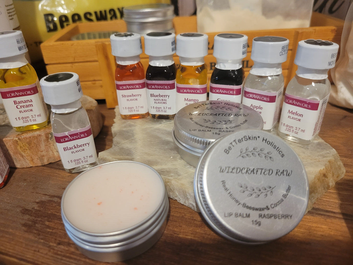 Delicious Wildcrafted RAW Infused Lip Balms Honey-Cocoa -Shea - Castor Oil- 12 Gourmet Lorann Baking Oil Flavors - Tartarian Treasures & Trinkets