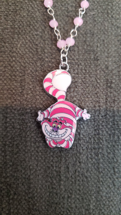 Handmade "Alice In Wonderland" CHESHIRE CAT |White Rabbit| Alice Colored Enamel Charm Necklace w Rose Quartz Chain-VERES - Tartarian Treasures & Trinkets